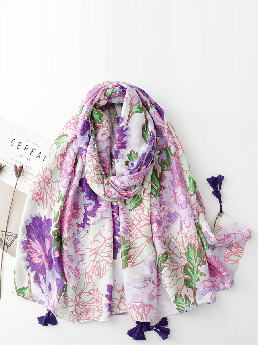 Women Artsy Flower Purple Tassel Shawl Scarf OP1029