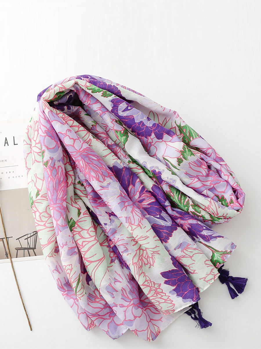 Women Artsy Flower Purple Tassel Shawl Scarf OP1029