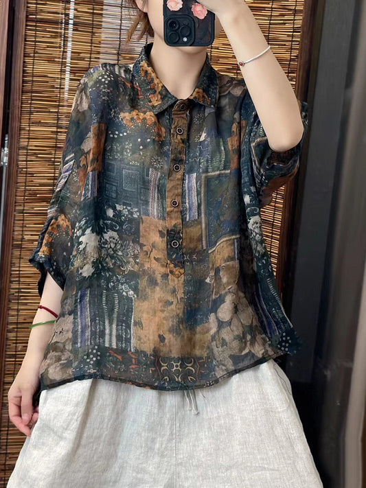 Women Summer Artsy Spliced Button-up Ramie Shirt OO1006