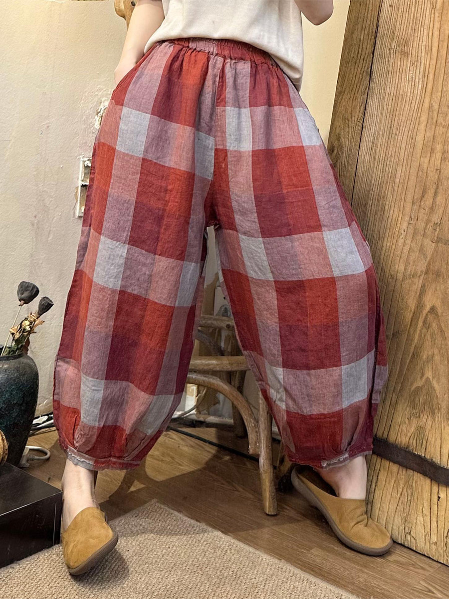 Women Summer Casual Plaid Linen Harem Pants OO1024