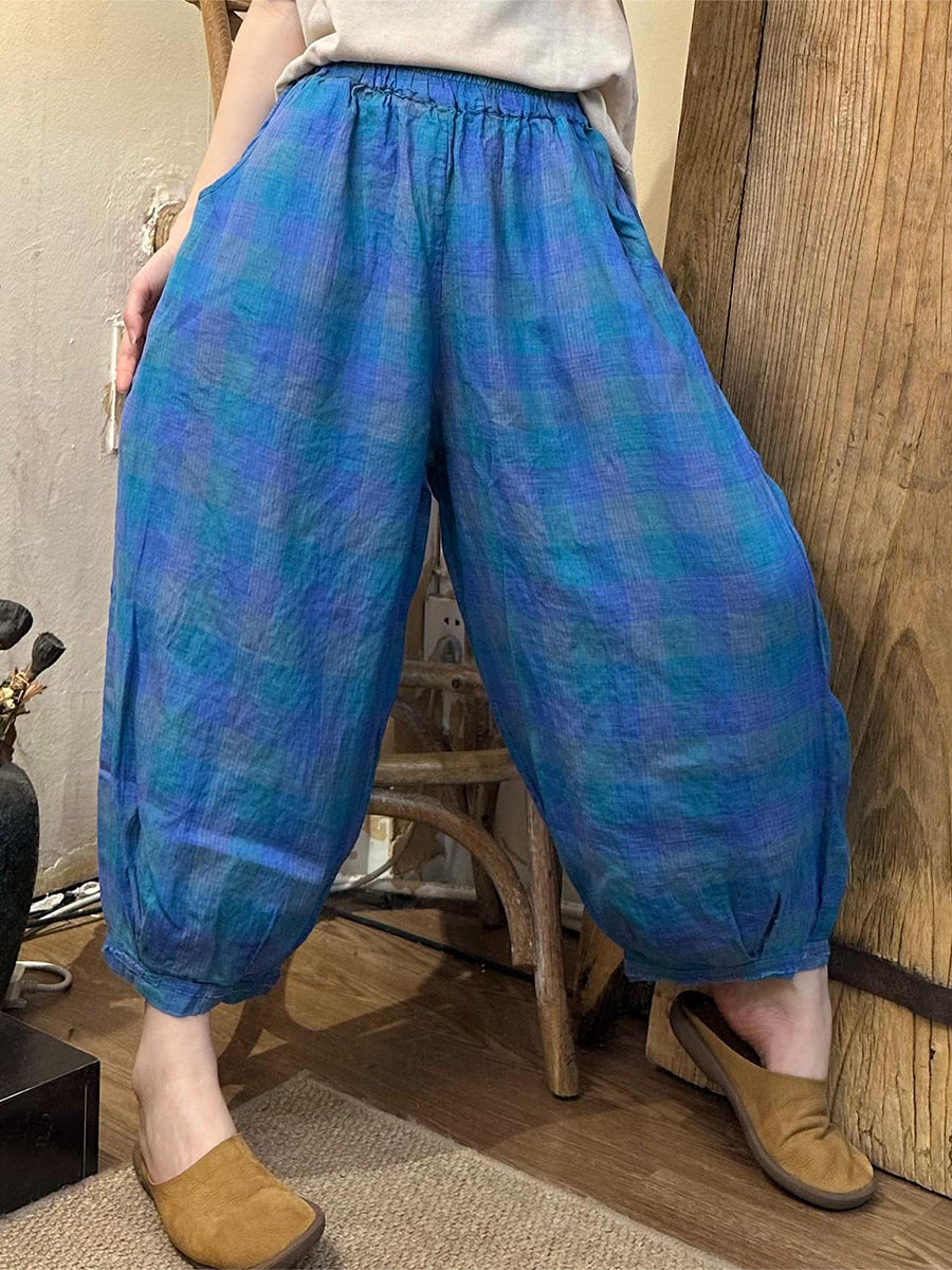 Women Summer Casual Plaid Linen Harem Pants OO1024