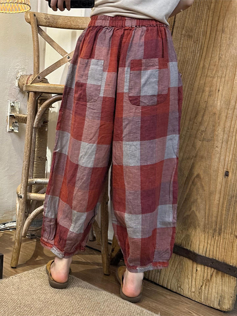 Women Summer Casual Plaid Linen Harem Pants OO1024