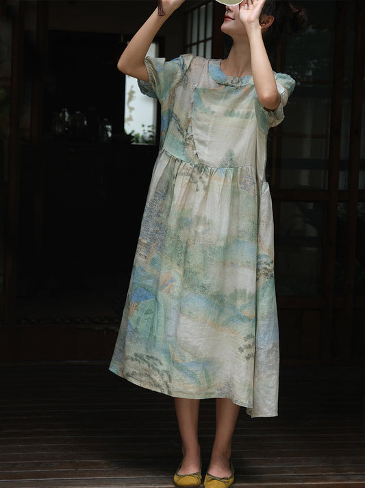 Women Summer Vintage Print Ramie Loose Dress OO1009