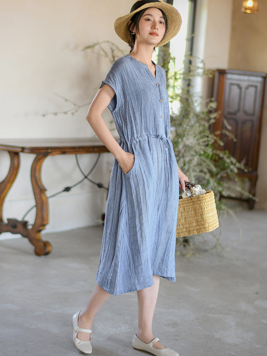 Women Summer Vintage Solid Strap Wrist Linen Dress OO1011