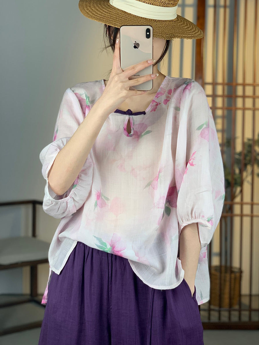 Women Summer Artsy Floral Button Ramie Shirt OO1012