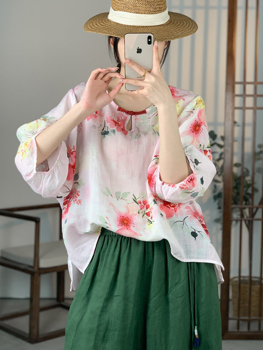 Women Summer Artsy Floral Button Ramie Shirt OO1012