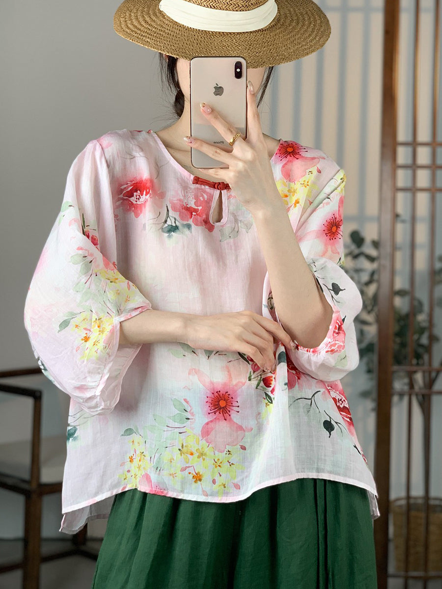 Women Summer Artsy Floral Button Ramie Shirt OO1012