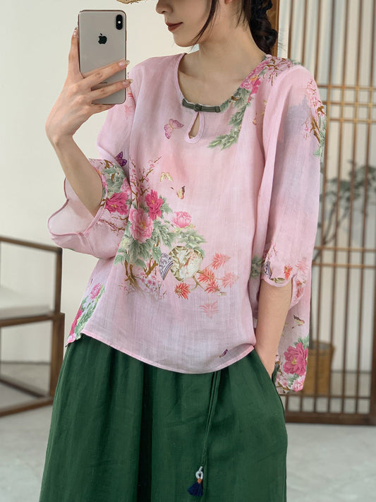 Women Summer Artsy Floral Button Ramie Shirt OO1012