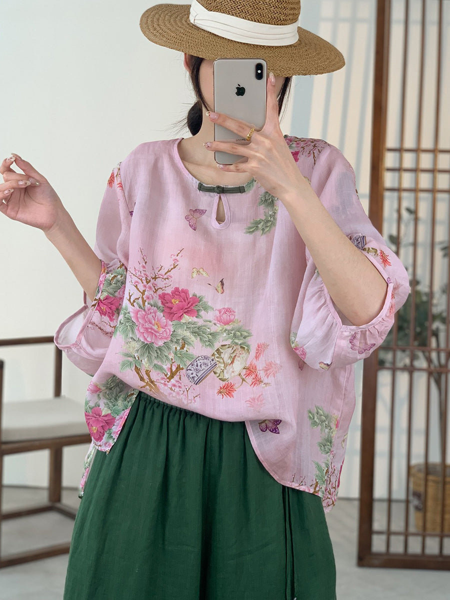 Women Summer Artsy Floral Button Ramie Shirt OO1012