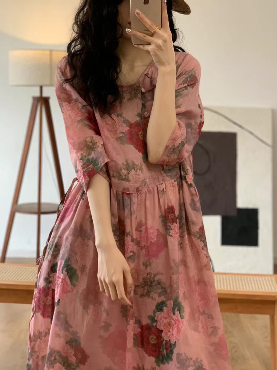 Women Summer Vintage Flower O-Neck Ramie Dress OO1013