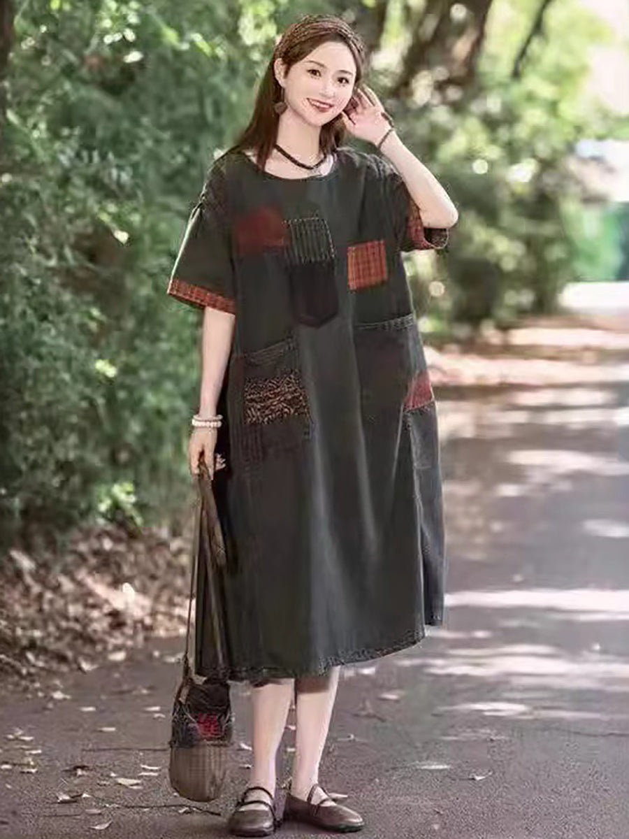 Women Summer Vintage Spliced Denim Loose Dress II1039