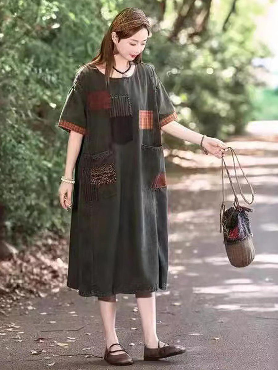 Women Summer Vintage Spliced Denim Loose Dress II1039