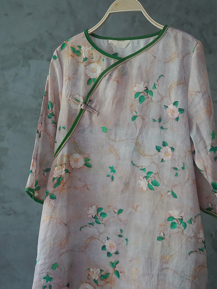 Robe d'été vintage à fleurs en ramie pour femme II1041