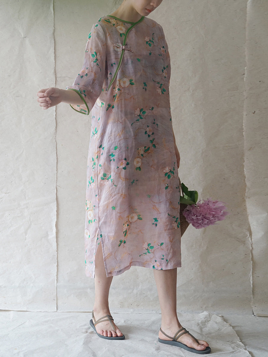 Women Summer Vintage Floral Summer Ramie Dress II1041