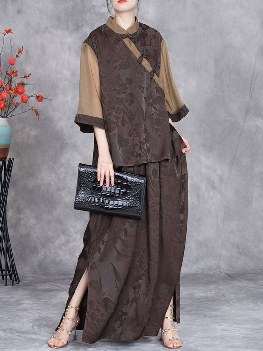 Women Summer Vintage Jacquard Colorblock Shirt+Skirt II1049