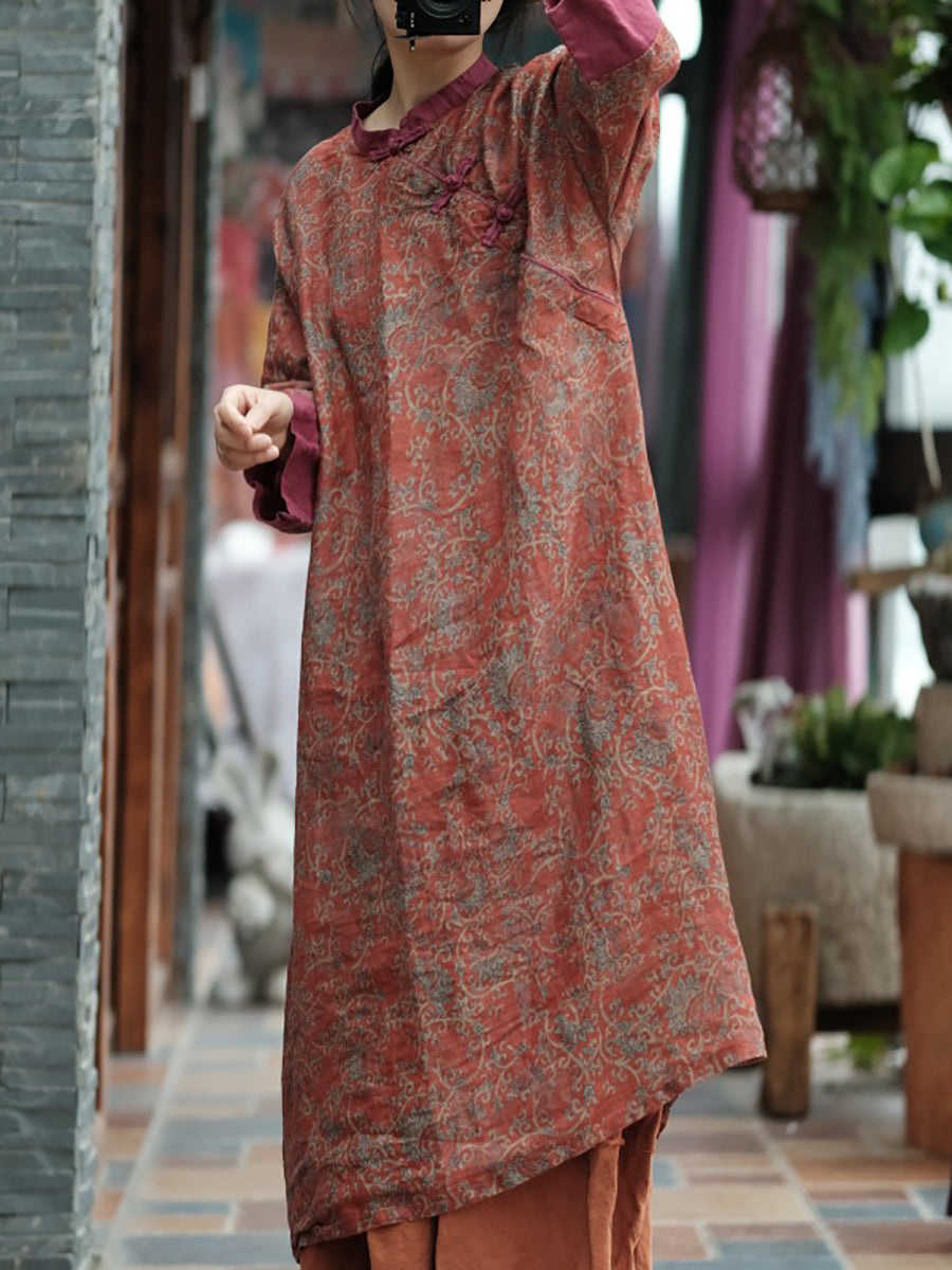 Women Summer Vintage Floral Spliced Ramie Dress OO1037