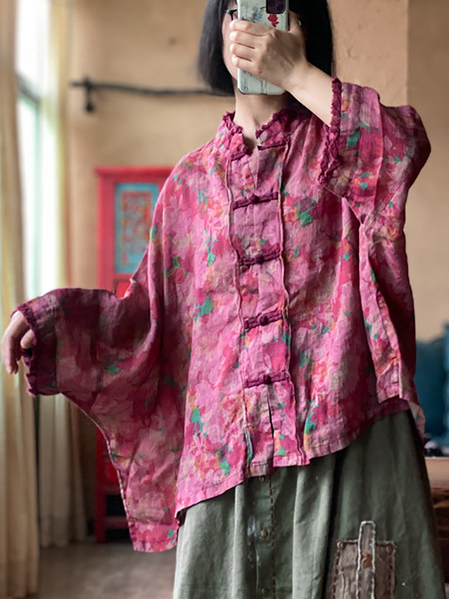 Women Vintage Flower Button-Up Raw Edge Linen Shirt OO1038