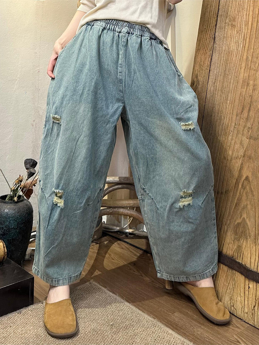 Women Summer Retro Frayed Denim Wide-leg Pants OO1049