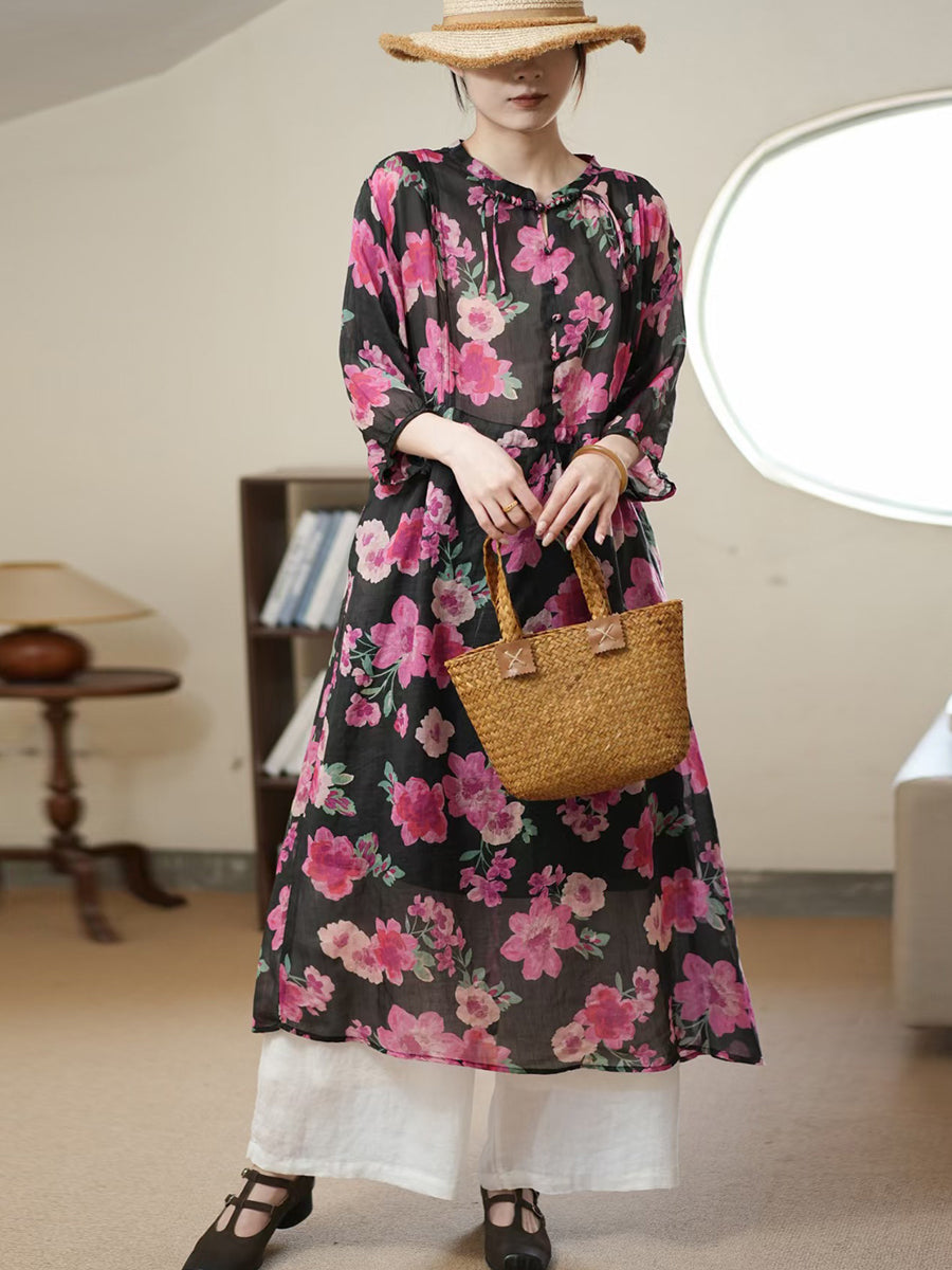 Women Summer Artsy Flower Thin Ramie Dress II1006