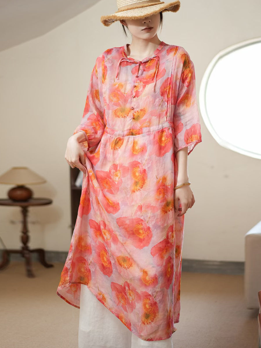 Women Summer Artsy Flower Thin Ramie Dress II1006