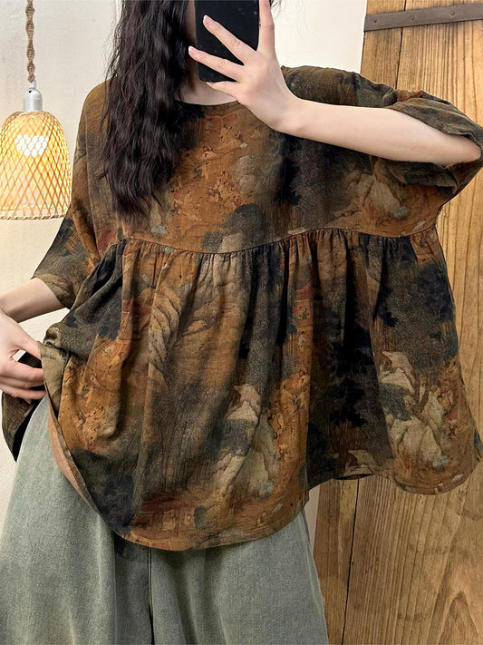 Women Summer Vintage Flower Spliced Cotton Shirt AH489