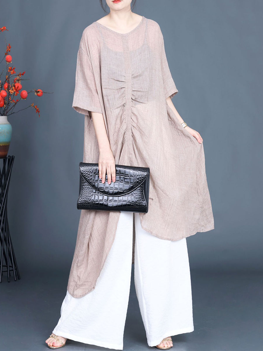 Women Summer Artsy Irregular V-Neck Cotton Linen Shirt PP1023