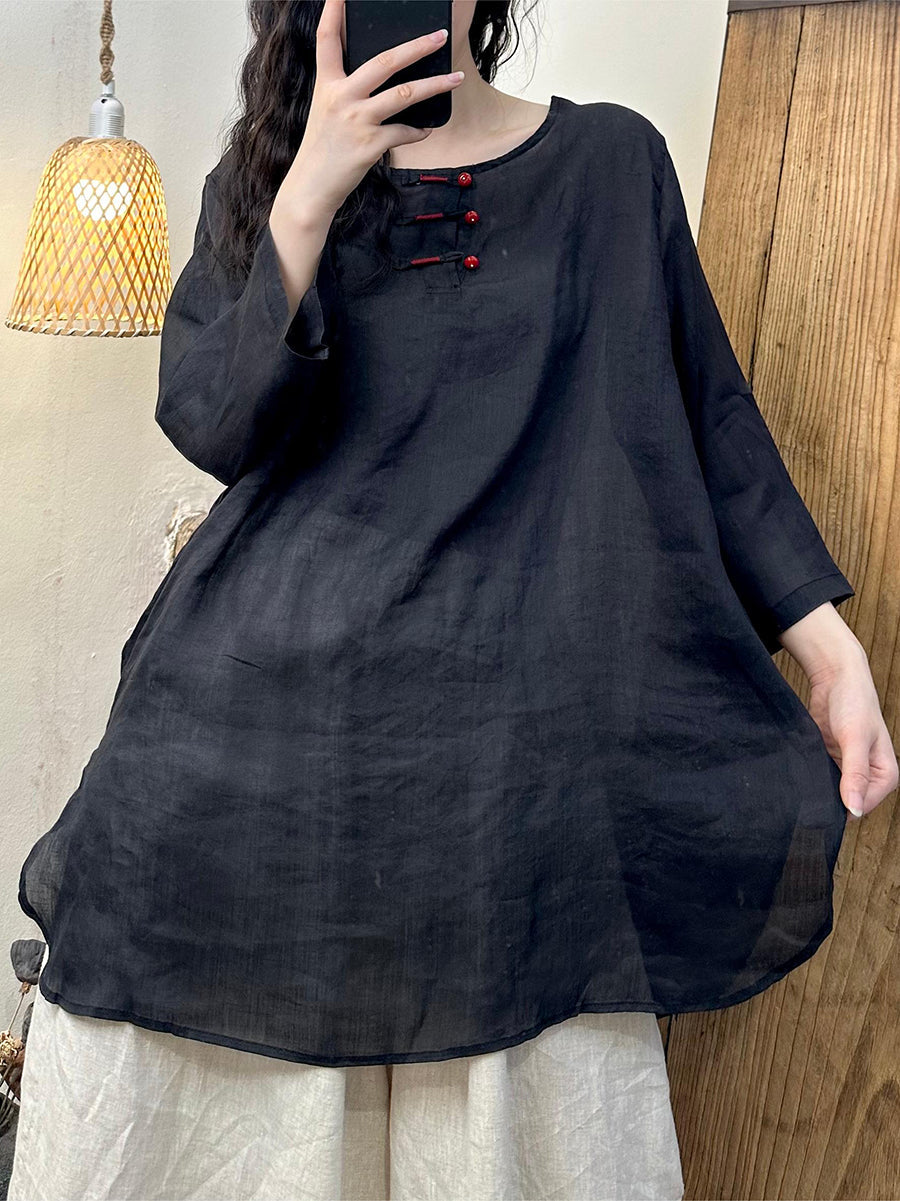 Women Summer Vintage Button O-Neck Ramie Long Shirt PP1022