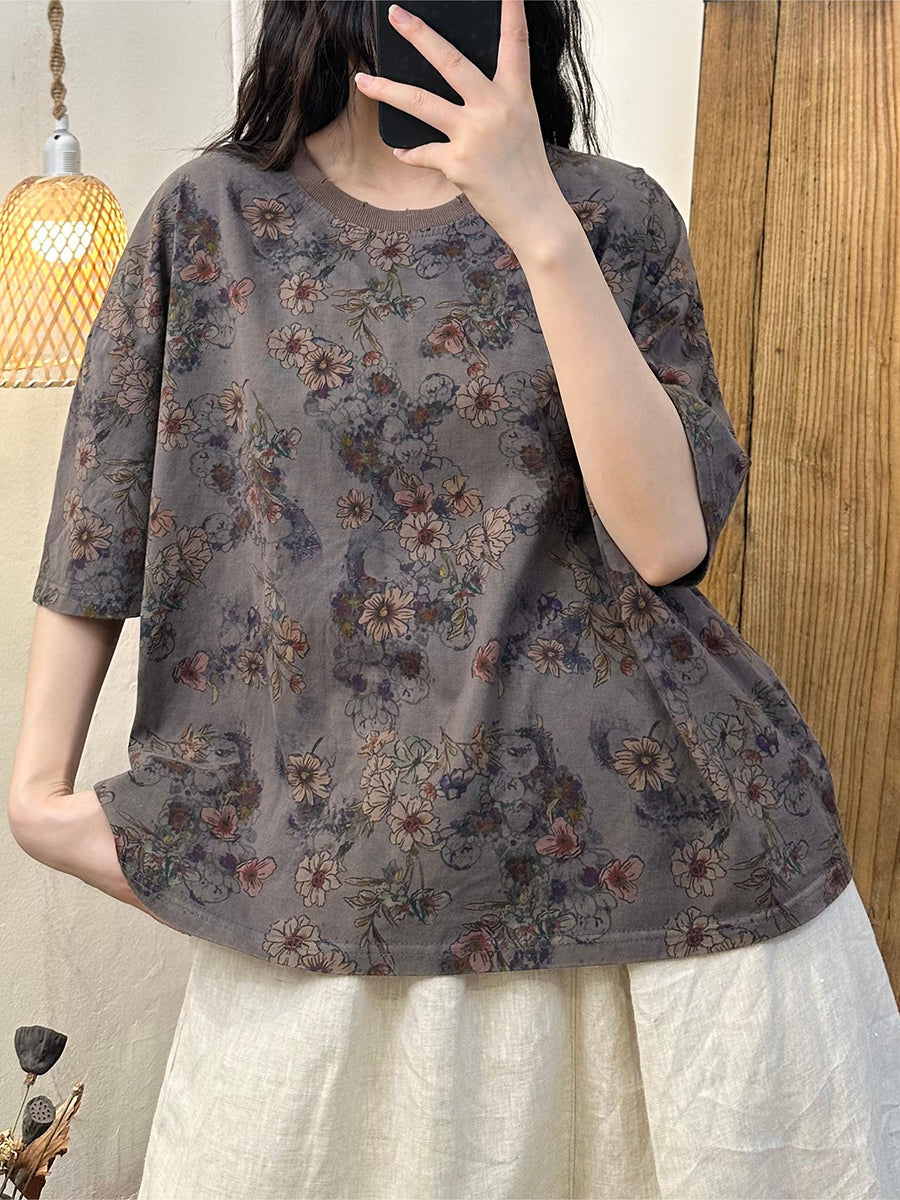 Women Summer Casual Flower Loose Cotton Shirt PP1043