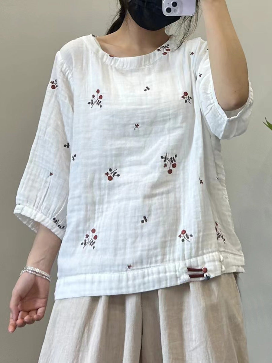 Women Summer Casual Floral Embroidery Cotton Shirt PP1038