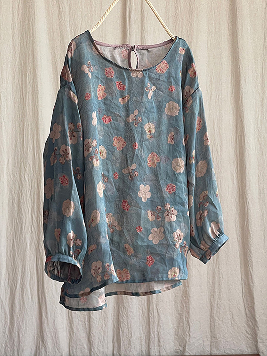 Women Summer Vintage Flower O-neck Ramie Shirt PP1039