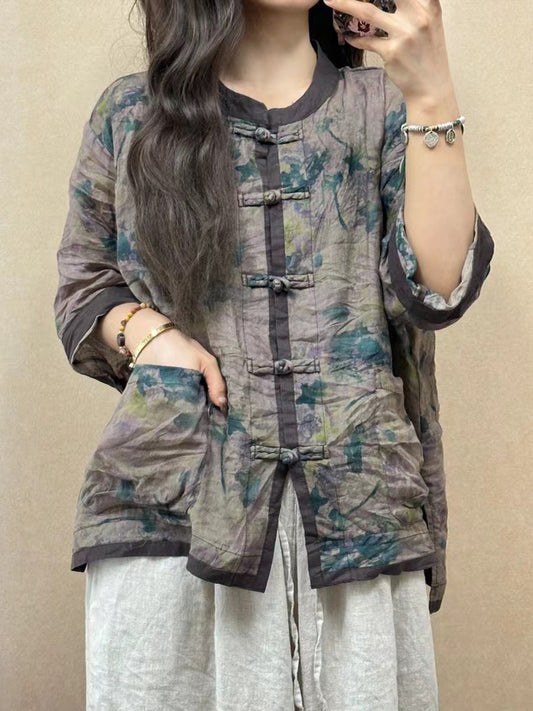 Women Vintage Flower Spliced Button-up Ramie Shirt PP1050