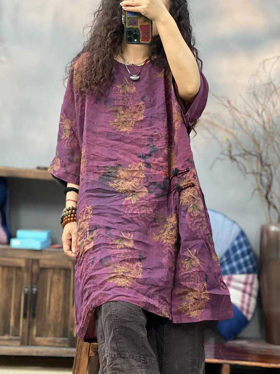 Women Summer Ethnic Print O-Neck Split Hem Shirt PP1003