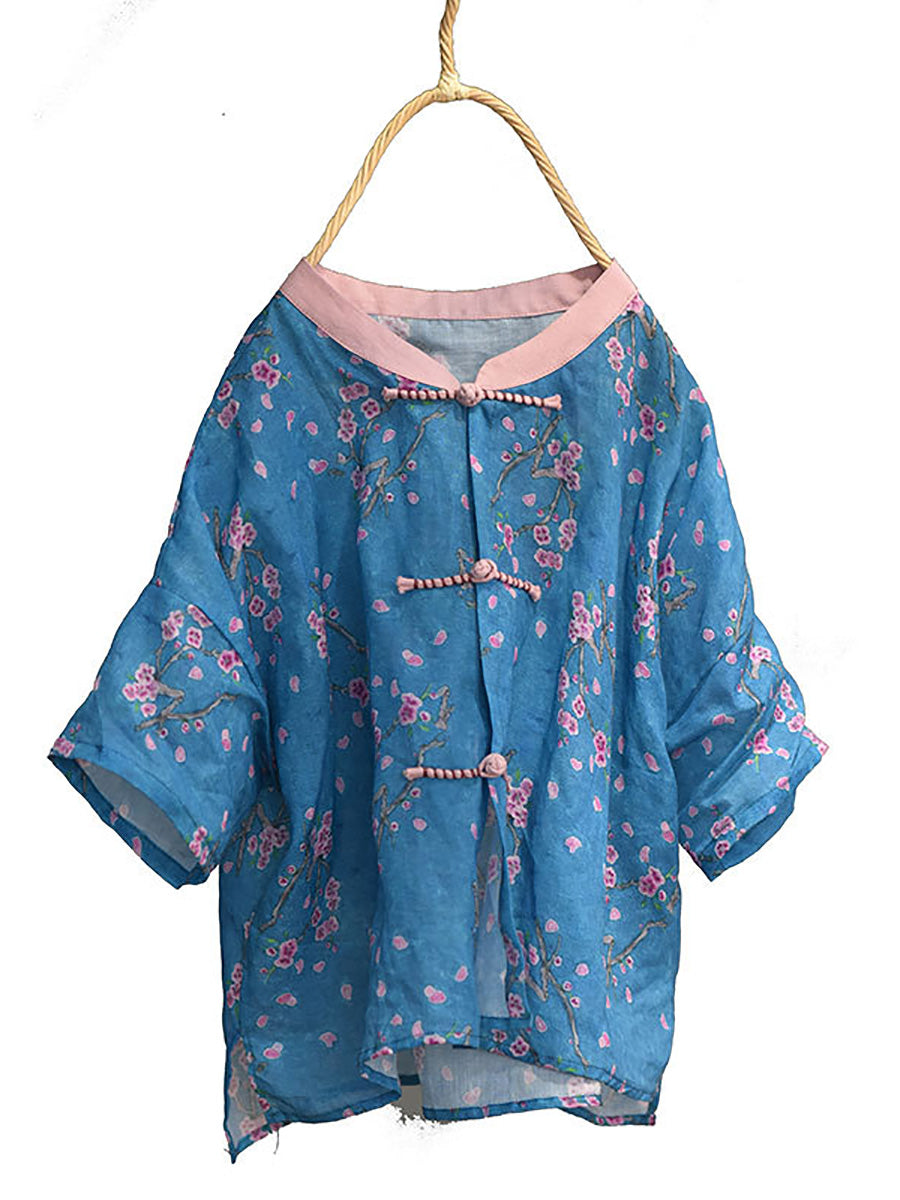 Women Summer Vintage Flower Spliced Button Ramie Shirt PP1004