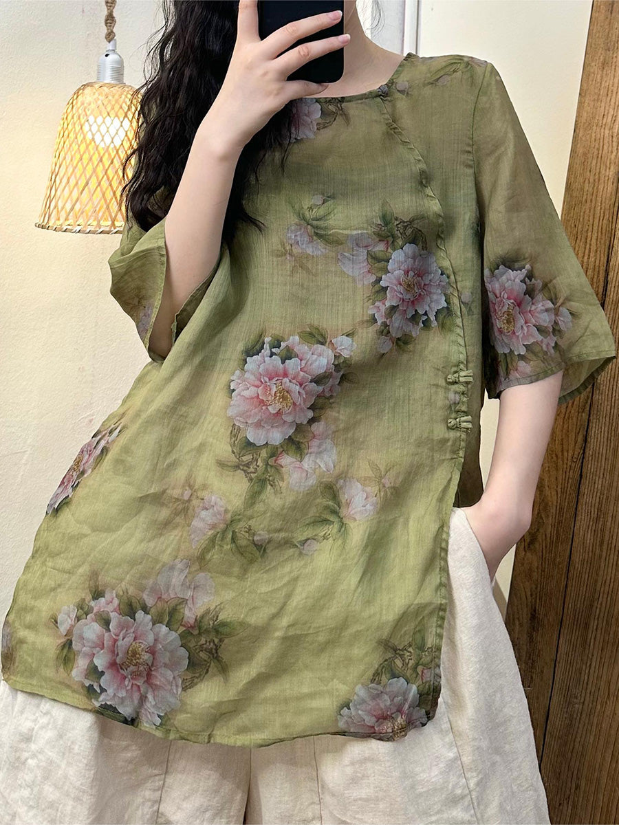 Women Summer Vintage Flower Split Hem Ramie Shirt PP1008