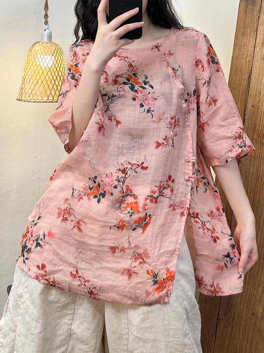 Women Summer Vintage Flower Split Hem Ramie Shirt PP1008