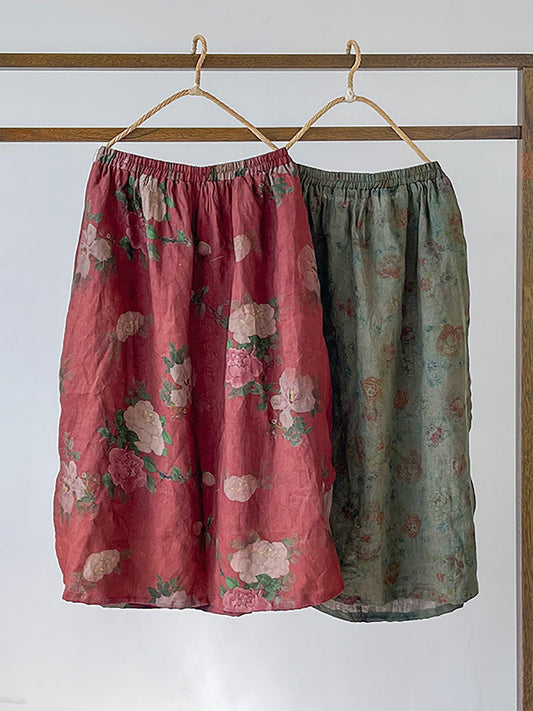 Women Summer Vintage Flower Loose Linen Skirt PP1017