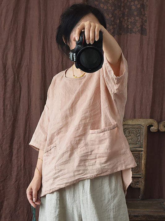 Women Summer Vintage Solid Loose Ramie Shirt PP1016