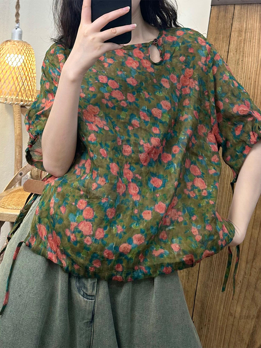 Women Summer Floral Strap O-Neck Ramie Shirt PP1015