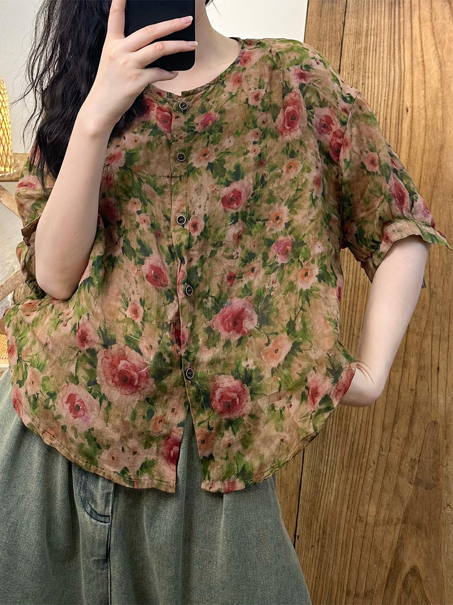 Damen Sommer Vintage Blumen Button-up Ramie Shirt PP1019