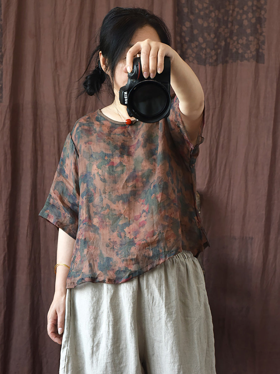 Women Summer Vintage Floral O-Neck Print Ramie Shirt HH033