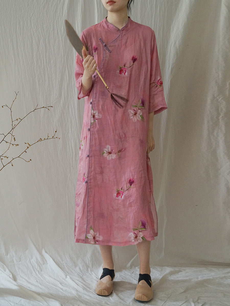 Frauen Sommer Artsy Blume Ramie Robe Kleid HH035