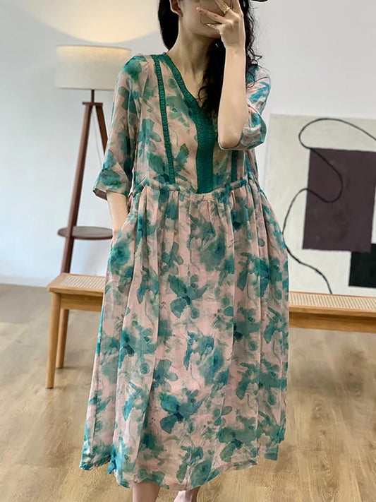 Robe d'été en ramie à col en V et fleurs artistiques pour femmes HH008