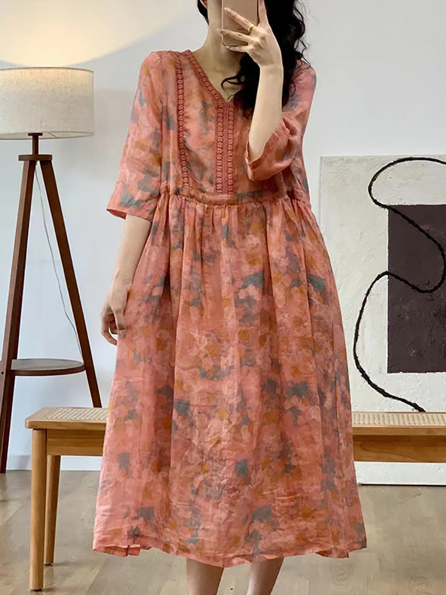 Robe d'été en ramie à col en V et fleurs artistiques pour femmes HH008