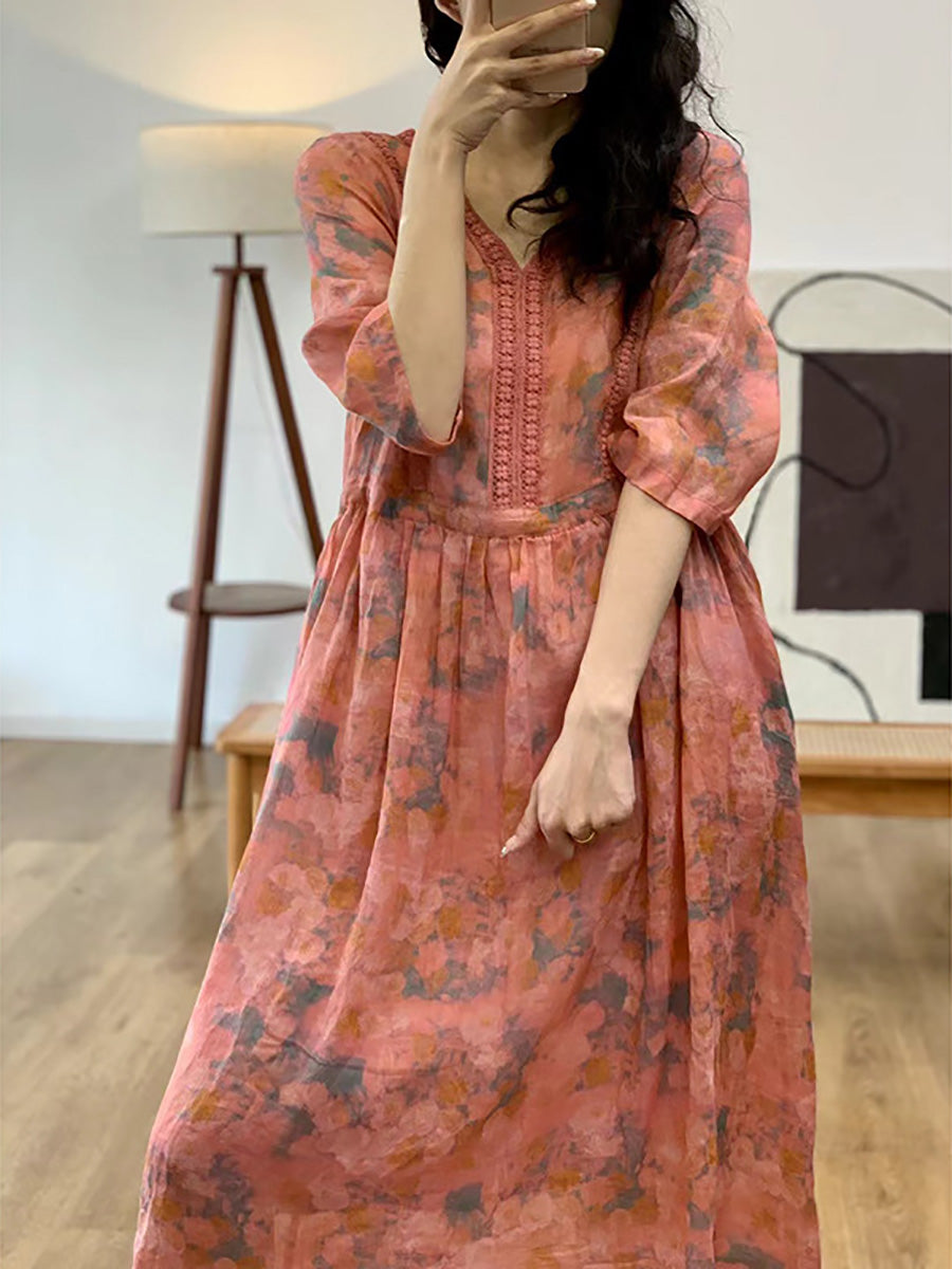 Robe d'été en ramie à col en V et fleurs artistiques pour femmes HH008