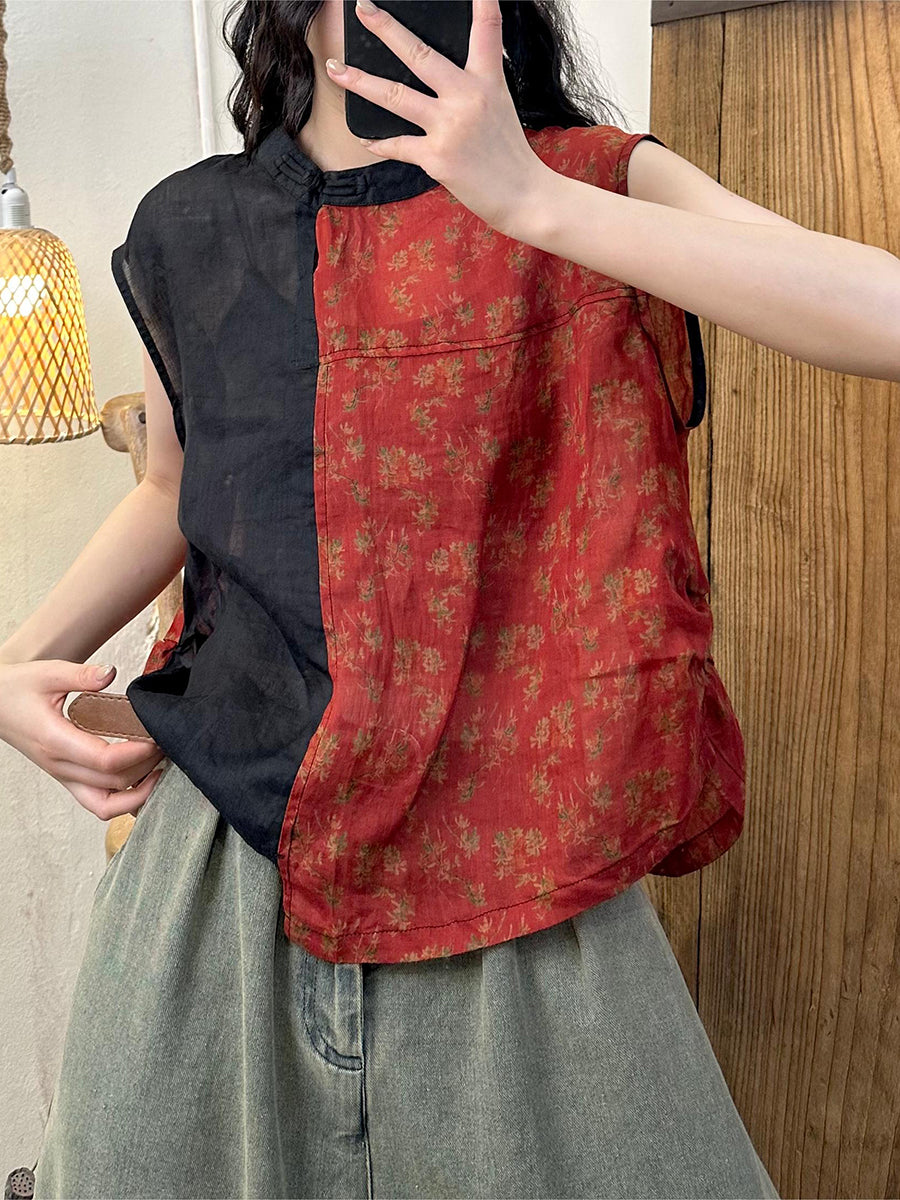 Women Summer Vintage Flower Spliced O-Neck Ramie Shirt HH015