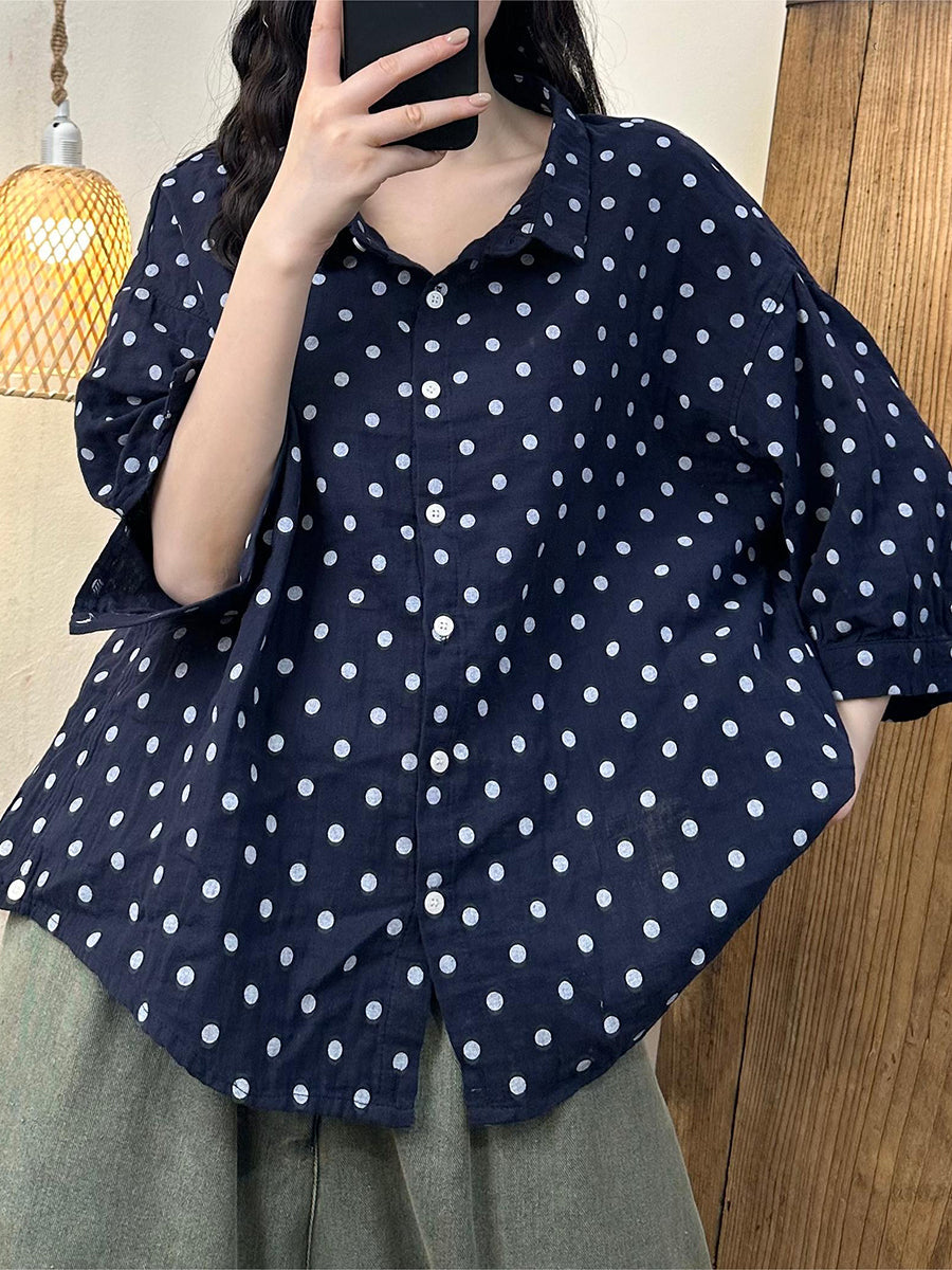 Women Summer Casual Dot Button-up Cotton Shirt HH020