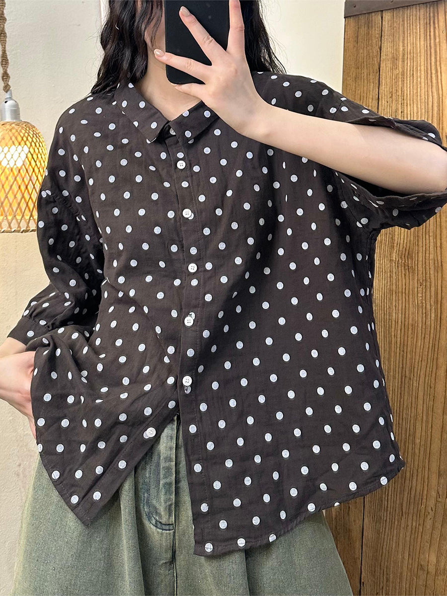 Women Summer Casual Dot Button-up Cotton Shirt HH020