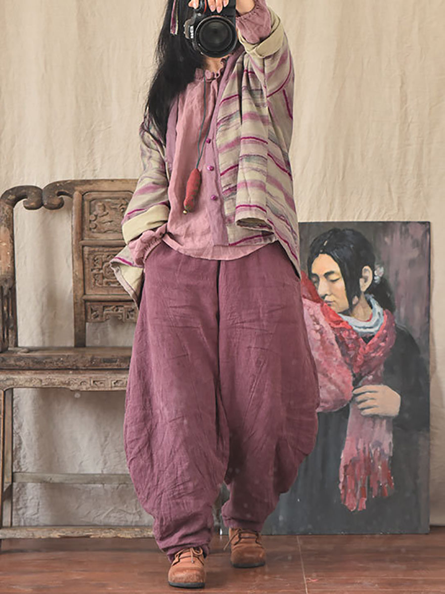 Women Summer Vintage Solid Linen Harem Pants LL029