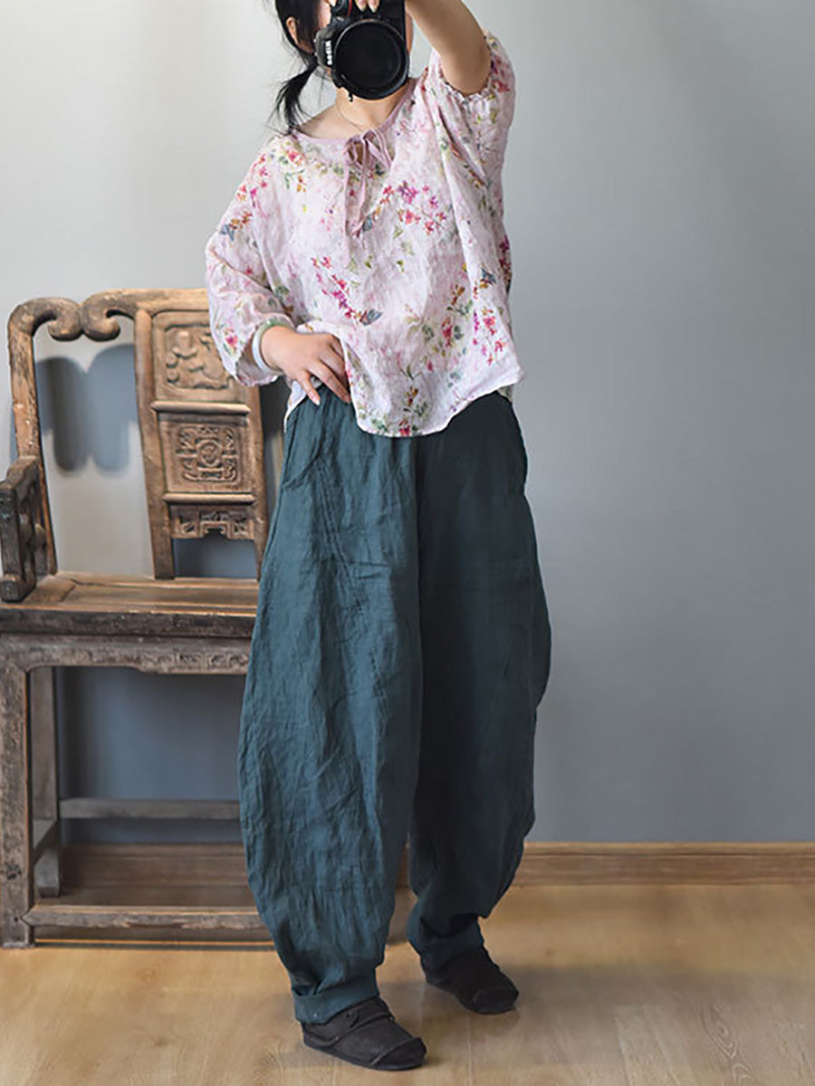 Women Summer Vintage Solid Linen Harem Pants LL029