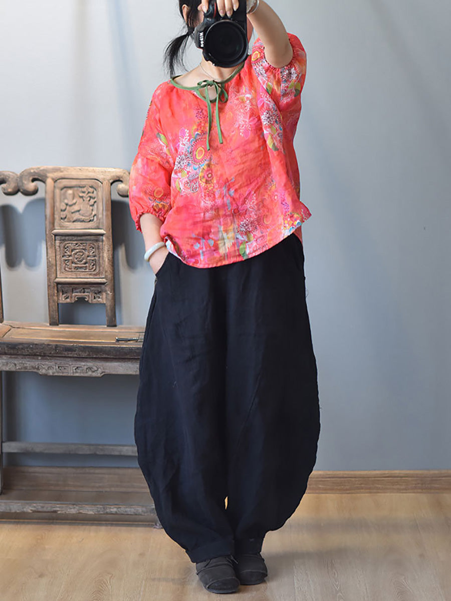 Women Summer Vintage Solid Linen Harem Pants LL029